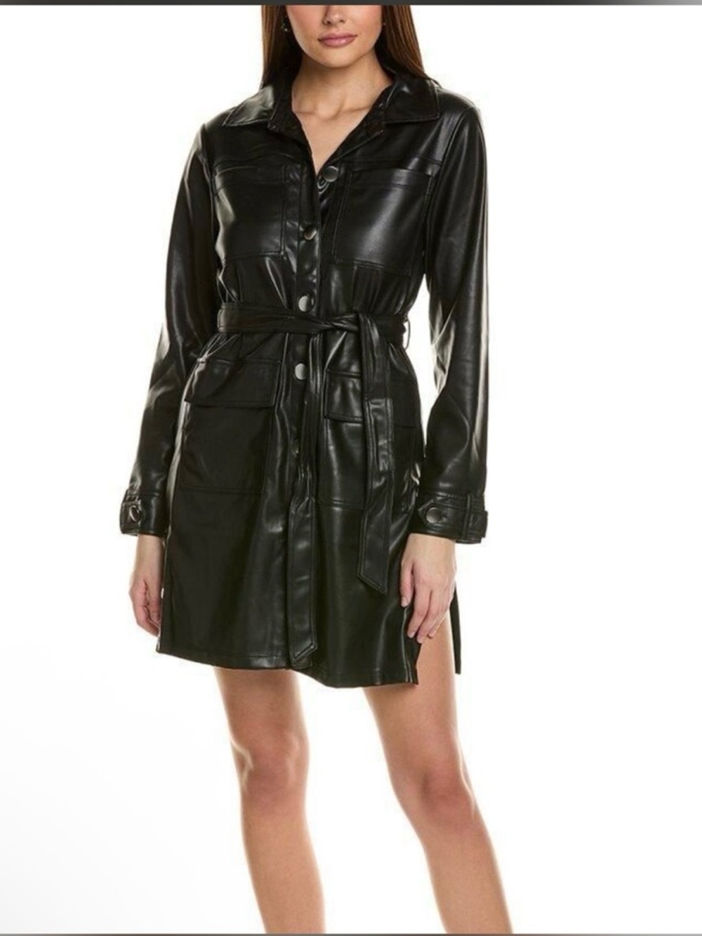 Adrienne Landau Black Faux Leather Belted Trench Coat